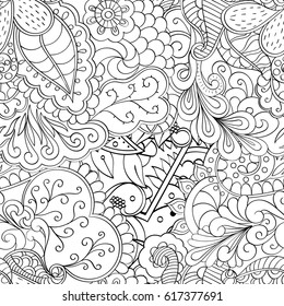 Tracery seamless pattern. Mehndi design. Ethnic monochrome binary doodle texture. Curved doodling black and white background. Vector