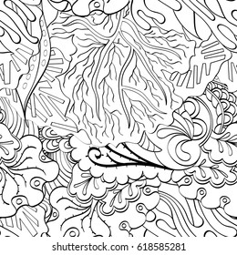 Tracery seamless pattern. Mehndi design. Ethnic monochrome binary doodle texture. Curved doodling black and white background. Vector