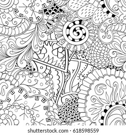 Tracery seamless pattern. Mehndi design. Ethnic monochrome binary doodle texture. Curved doodling black and white background. Vector