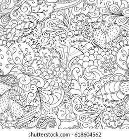 Tracery seamless pattern. Mehndi design. Ethnic monochrome binary doodle texture. Curved doodling black and white background. Vector