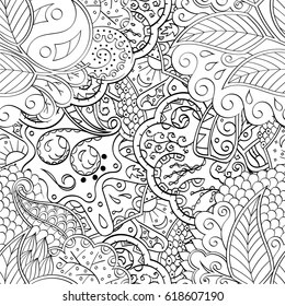 Tracery seamless pattern. Mehndi design. Ethnic monochrome binary doodle texture. Curved doodling black and white background. Vector