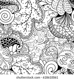 Tracery seamless pattern. Mehndi design. Ethnic monochrome binary doodle texture. Curved doodling black and white background. Vector