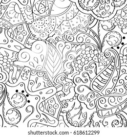Tracery seamless pattern. Mehndi design. Ethnic monochrome binary doodle texture. Curved doodling black and white background. Vector