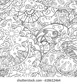 Tracery seamless pattern. Mehndi design. Ethnic monochrome binary doodle texture. Curved doodling black and white background. Vector