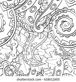 Tracery seamless pattern. Mehndi design. Ethnic monochrome binary doodle texture. Curved doodling black and white background. Vector