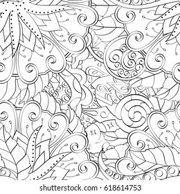 Tracery seamless pattern. Mehndi design. Ethnic monochrome binary doodle texture. Curved doodling black and white background. Vector
