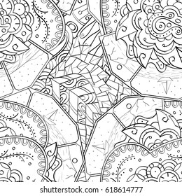 Tracery seamless pattern. Mehndi design. Ethnic monochrome binary doodle texture. Curved doodling black and white background. Vector