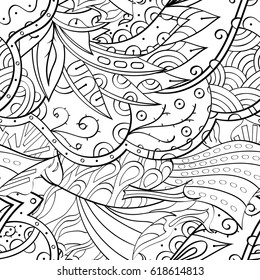 Tracery seamless pattern. Mehndi design. Ethnic monochrome binary doodle texture. Curved doodling black and white background. Vector