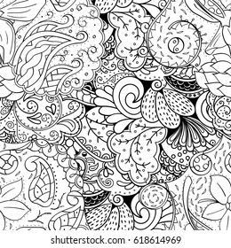 Tracery seamless pattern. Mehndi design. Ethnic monochrome binary doodle texture. Curved doodling black and white background. Vector