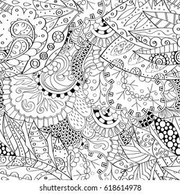 Tracery seamless pattern. Mehndi design. Ethnic monochrome binary doodle texture. Curved doodling black and white background. Vector