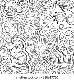 Tracery seamless pattern. Mehndi design. Ethnic monochrome binary doodle texture. Curved doodling black and white background. Vector