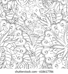 Tracery seamless pattern. Mehndi design. Ethnic monochrome binary doodle texture. Curved doodling black and white background. Vector