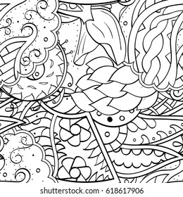 Tracery seamless pattern. Mehndi design. Ethnic monochrome binary doodle texture. Curved doodling black and white background. Vector