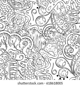 Tracery seamless pattern. Mehndi design. Ethnic monochrome binary doodle texture. Curved doodling black and white background. Vector