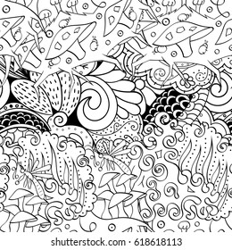 Tracery seamless pattern. Mehndi design. Ethnic monochrome binary doodle texture. Curved doodling black and white background. Vector
