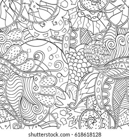 Tracery seamless pattern. Mehndi design. Ethnic monochrome binary doodle texture. Curved doodling black and white background. Vector