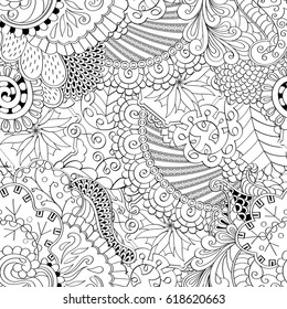 Tracery seamless pattern. Mehndi design. Ethnic monochrome binary doodle texture. Curved doodling black and white background. Vector