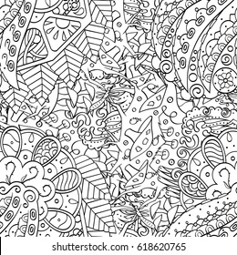 Tracery seamless pattern. Mehndi design. Ethnic monochrome binary doodle texture. Curved doodling black and white background. Vector