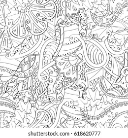 Tracery seamless pattern. Mehndi design. Ethnic monochrome binary doodle texture. Curved doodling black and white background. Vector