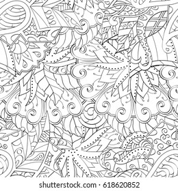 Tracery seamless pattern. Mehndi design. Ethnic monochrome binary doodle texture. Curved doodling black and white background. Vector