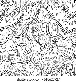 Tracery seamless pattern. Mehndi design. Ethnic monochrome binary doodle texture. Curved doodling black and white background. Vector