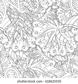 Tracery seamless pattern. Mehndi design. Ethnic monochrome binary doodle texture. Curved doodling black and white background. Vector