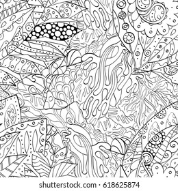 Tracery seamless pattern. Mehndi design. Ethnic monochrome binary doodle texture. Curved doodling black and white background. Vector