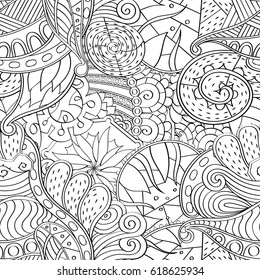 Tracery seamless pattern. Mehndi design. Ethnic monochrome binary doodle texture. Curved doodling black and white background. Vector