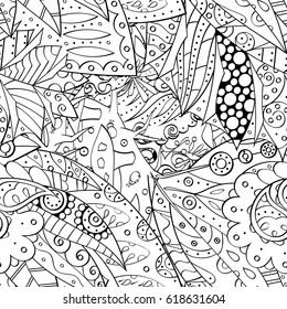 Tracery seamless pattern. Mehndi design. Ethnic monochrome binary doodle texture. Curved doodling black and white background. Vector
