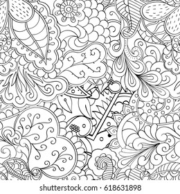 Tracery seamless pattern. Mehndi design. Ethnic monochrome binary doodle texture. Curved doodling black and white background. Vector