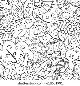 Tracery seamless pattern. Mehndi design. Ethnic monochrome binary doodle texture. Curved doodling black and white background. Vector