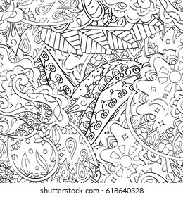 Tracery seamless pattern. Mehndi design. Ethnic monochrome binary doodle texture. Curved doodling black and white background. Vector