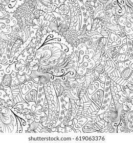 Tracery seamless pattern. Mehndi design. Ethnic monochrome binary doodle texture. Curved doodling black and white background. Vector