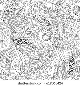 Tracery seamless pattern. Mehndi design. Ethnic monochrome binary doodle texture. Curved doodling black and white background. Vector