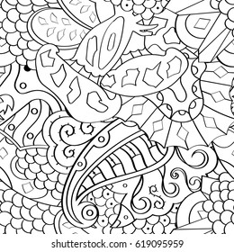 Tracery seamless pattern. Mehndi design. Ethnic monochrome binary doodle texture. Curved doodling black and white background. Vector