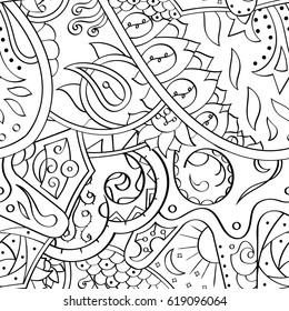 Tracery seamless pattern. Mehndi design. Ethnic monochrome binary doodle texture. Curved doodling black and white background. Vector