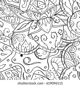 Tracery seamless pattern. Mehndi design. Ethnic monochrome binary doodle texture. Curved doodling black and white background. Vector