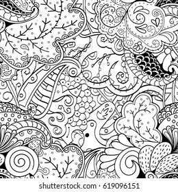 Tracery seamless pattern. Mehndi design. Ethnic monochrome binary doodle texture. Curved doodling black and white background. Vector