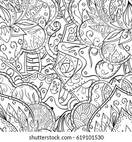 Tracery seamless pattern. Mehndi design. Ethnic monochrome binary doodle texture. Curved doodling black and white background. Vector
