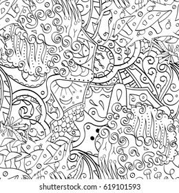 Tracery seamless pattern. Mehndi design. Ethnic monochrome binary doodle texture. Curved doodling black and white background. Vector