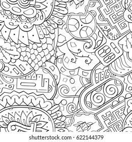 Tracery seamless pattern. Mehndi design. Ethnic monochrome binary doodle texture. Curved doodling black and white background. Vector