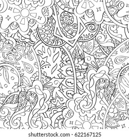 Tracery seamless pattern. Mehndi design. Ethnic monochrome binary doodle texture. Curved doodling black and white background. Vector