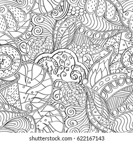 Tracery seamless pattern. Mehndi design. Ethnic monochrome binary doodle texture. Curved doodling black and white background. Vector