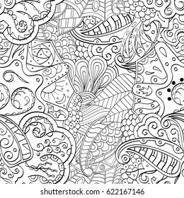 Tracery seamless pattern. Mehndi design. Ethnic monochrome binary doodle texture. Curved doodling black and white background. Vector