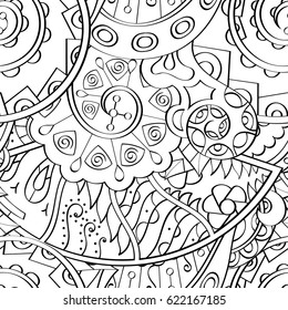 Tracery seamless pattern. Mehndi design. Ethnic monochrome binary doodle texture. Curved doodling black and white background. Vector