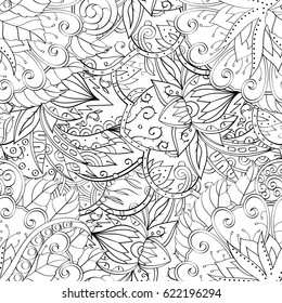 Tracery seamless pattern. Mehndi design. Ethnic monochrome binary doodle texture. Curved doodling black and white background. Vector