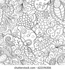 Tracery seamless pattern. Mehndi design. Ethnic monochrome binary doodle texture. Curved doodling black and white background. Vector