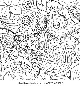 Tracery seamless pattern. Mehndi design. Ethnic monochrome binary doodle texture. Curved doodling black and white background. Vector