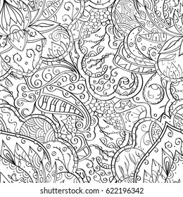 Tracery seamless pattern. Mehndi design. Ethnic monochrome binary doodle texture. Curved doodling black and white background. Vector