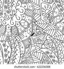Tracery seamless pattern. Mehndi design. Ethnic monochrome binary doodle texture. Curved doodling black and white background. Vector